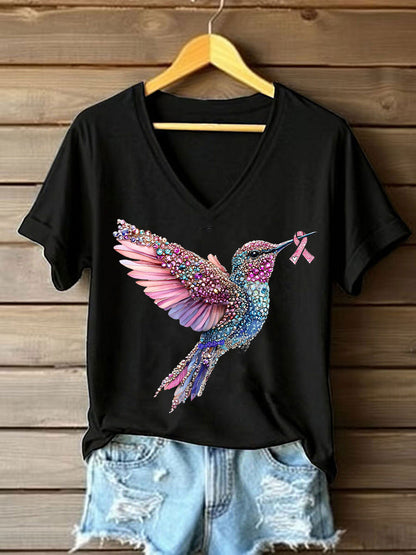 Camiseta casual con estampado de colibrí rosa para mujer
