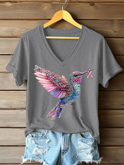 Camiseta casual con estampado de colibrí rosa para mujer