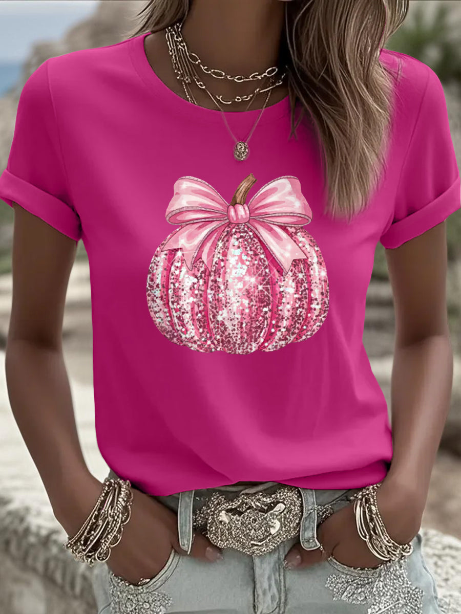 Camiseta de apoyo de concientización sobre el cáncer de mama con estampado de calabaza rosa para mujer