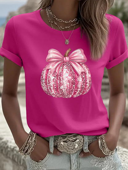 Camiseta de apoyo de concientización sobre el cáncer de mama con estampado de calabaza rosa para mujer