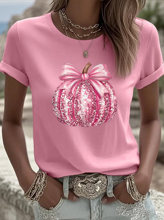 Camiseta de apoyo de concientización sobre el cáncer de mama con estampado de calabaza rosa para mujer