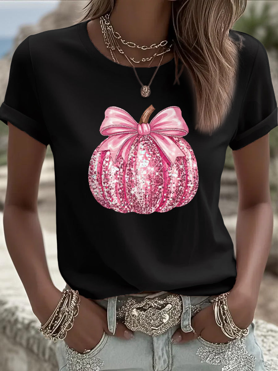 Camiseta de apoyo de concientización sobre el cáncer de mama con estampado de calabaza rosa para mujer
