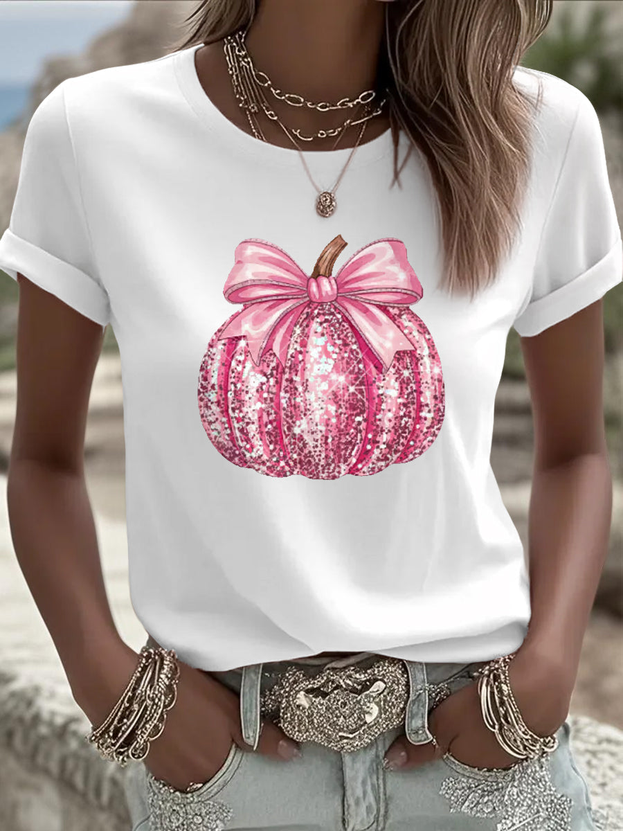 Camiseta de apoyo de concientización sobre el cáncer de mama con estampado de calabaza rosa para mujer
