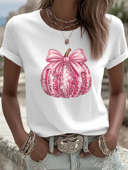 Camiseta de apoyo de concientización sobre el cáncer de mama con estampado de calabaza rosa para mujer