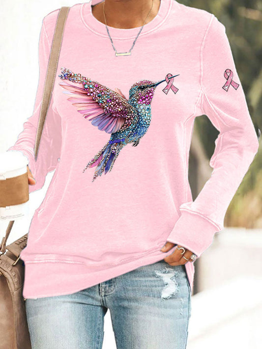 Sudadera casual con estampado de colibrí rosa para mujer