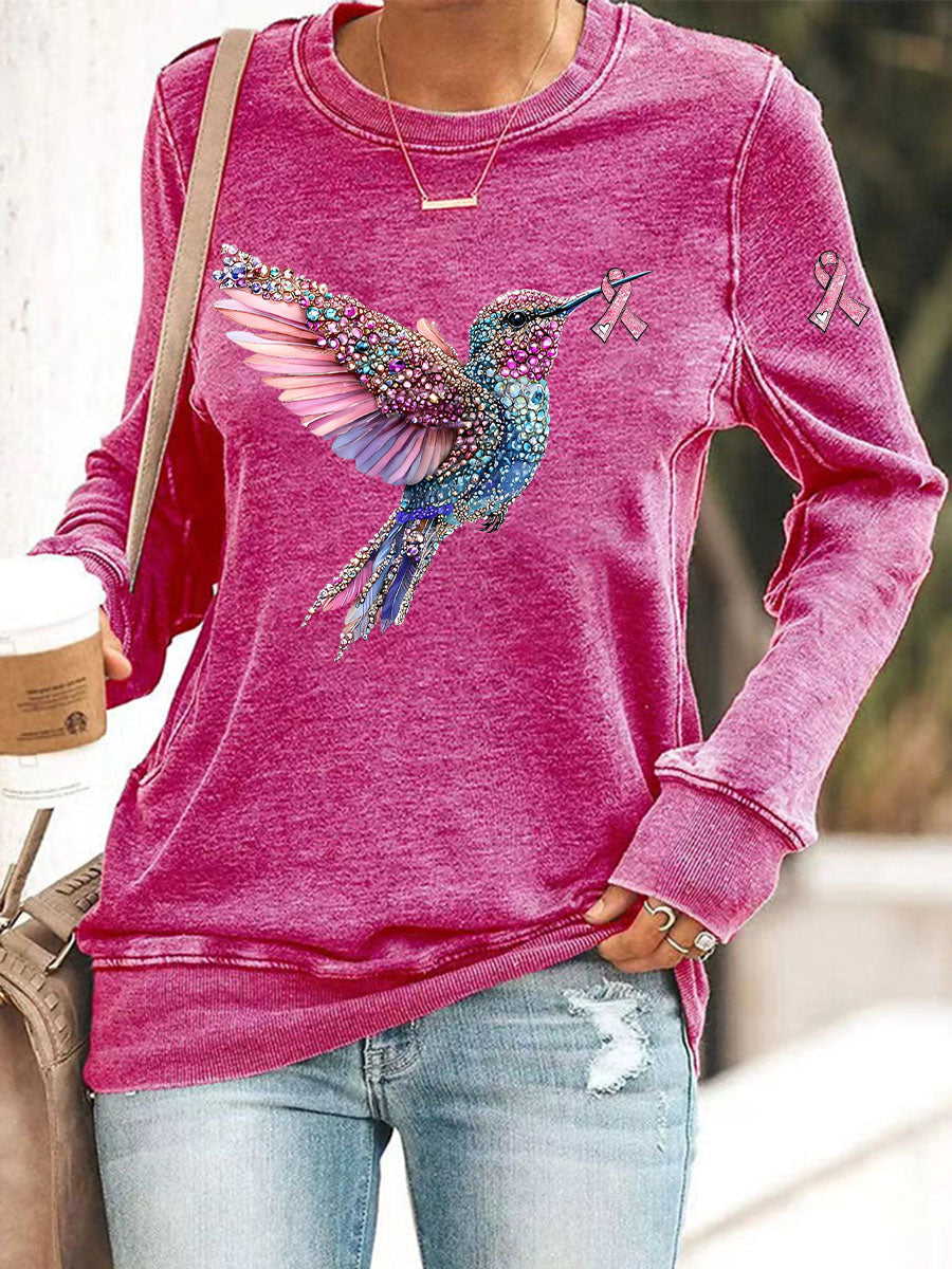 Sudadera casual con estampado de colibrí rosa para mujer