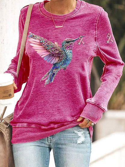 Sudadera casual con estampado de colibrí rosa para mujer