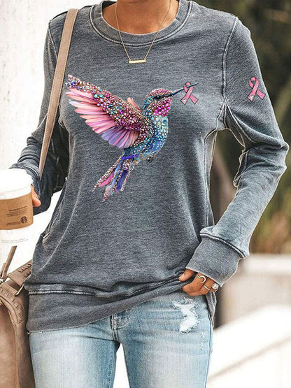 Sudadera casual con estampado de colibrí rosa para mujer