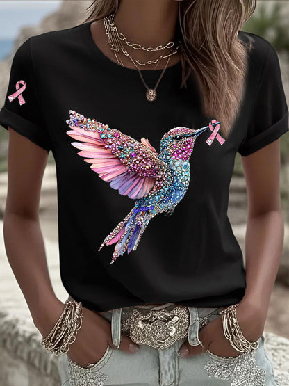 Camiseta casual con estampado de cinta rosa para mujer