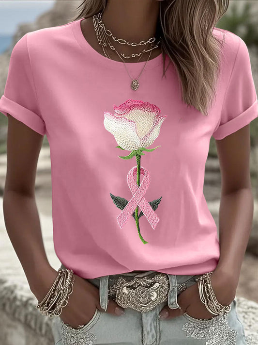 Camiseta casual con estampado floral rosa para mujer