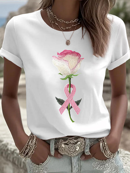 Camiseta casual con estampado floral rosa para mujer