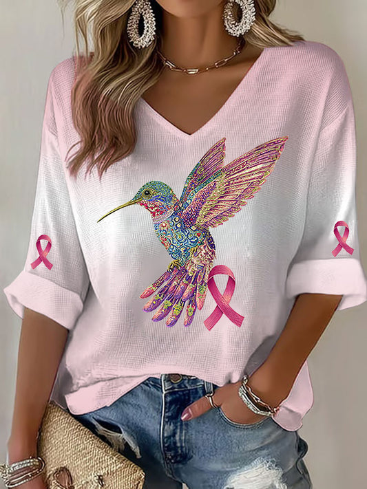 Camiseta casual con estampado Hummingbird de cáncer de mama para mujer