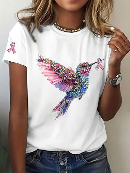 Camiseta casual de la impresión del colibrí de la conciencia del cáncer de pecho de las mujeres