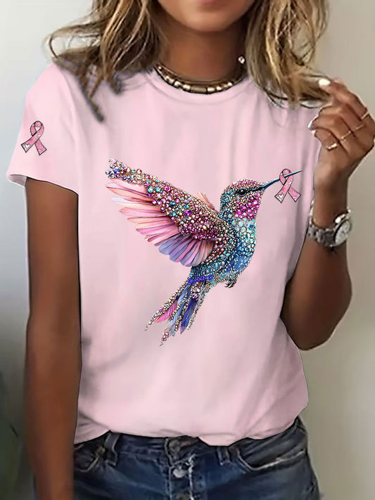 Camiseta casual de la impresión del colibrí de la conciencia del cáncer de pecho de las mujeres
