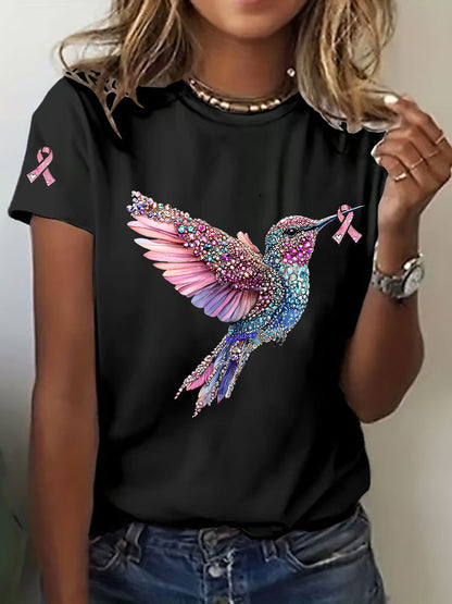 Camiseta casual de la impresión del colibrí de la conciencia del cáncer de pecho de las mujeres