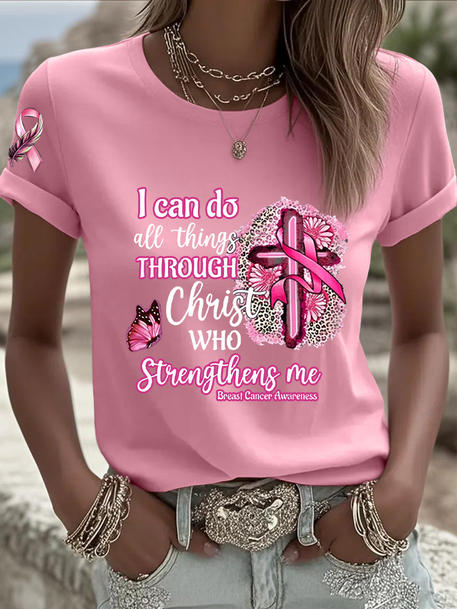 Conciencia del cáncer de mama de las mujeres Pink Ribbon Faith Cross Camiseta de manga corta