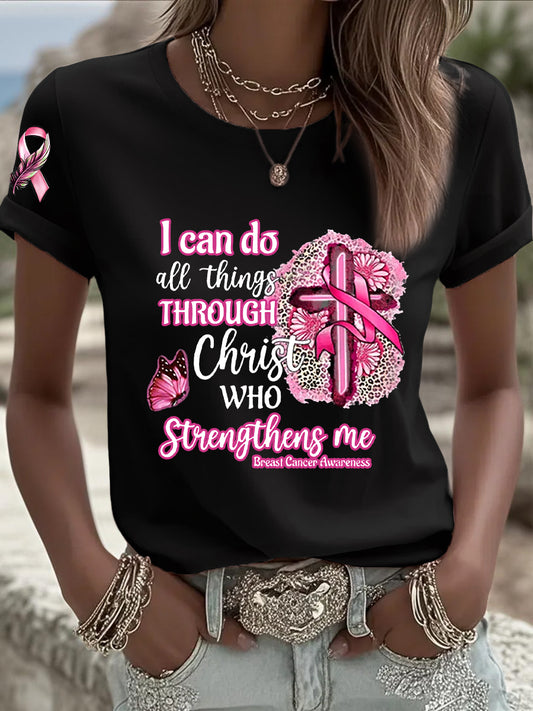 Conciencia del cáncer de mama de las mujeres Pink Ribbon Faith Cross Camiseta de manga corta