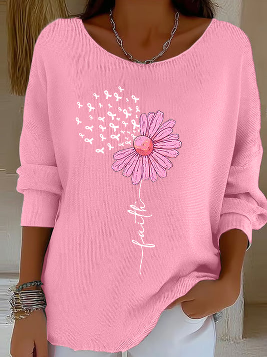 Las mujeres de cinta rosa girasol fe impresión mama cáncer conciencia apoyo manga larga Top
