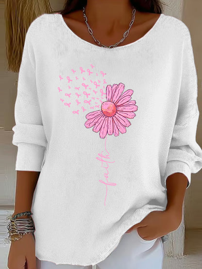 Las mujeres de cinta rosa girasol fe impresión mama cáncer conciencia apoyo manga larga Top