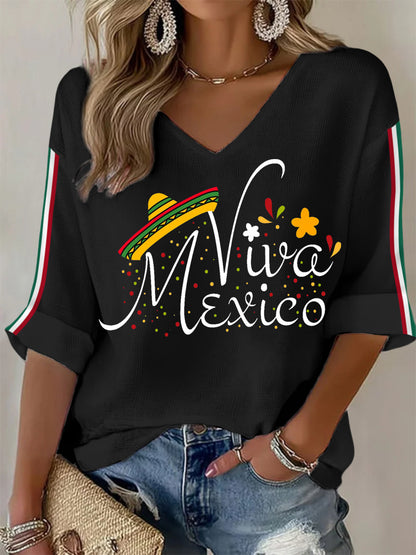 Camiseta de manga larga con cuello en V Viva México para mujer