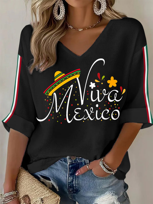 Camiseta de manga larga con cuello en V Viva México para mujer