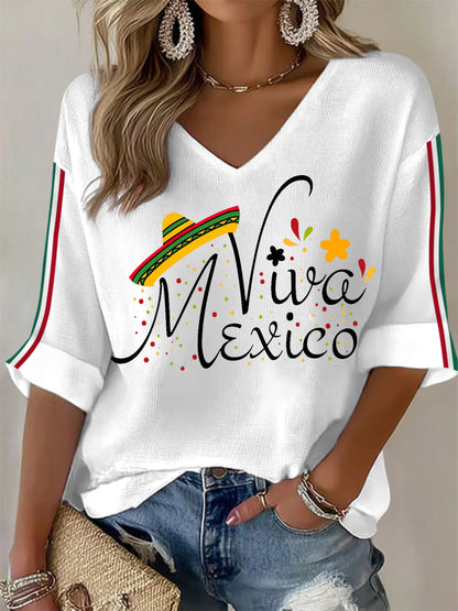 Camiseta de manga larga con cuello en V Viva México para mujer