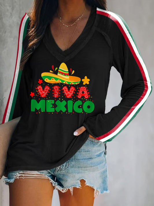 Camiseta de manga larga con cuello en V Viva México para mujer