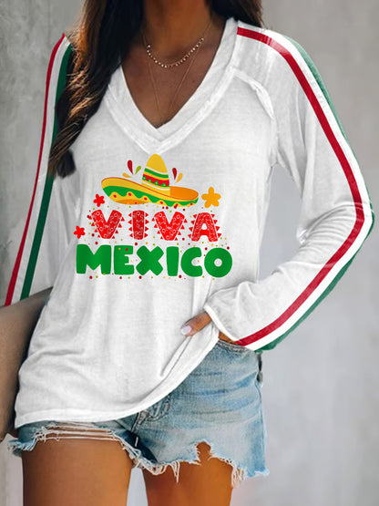 Camiseta de manga larga con cuello en V Viva México para mujer