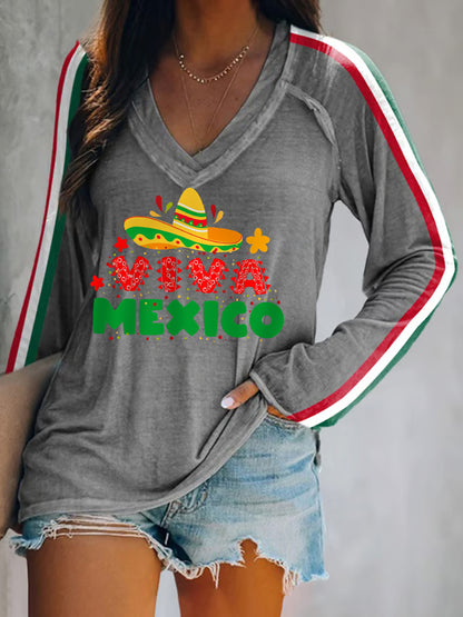 Camiseta de manga larga con cuello en V Viva México para mujer
