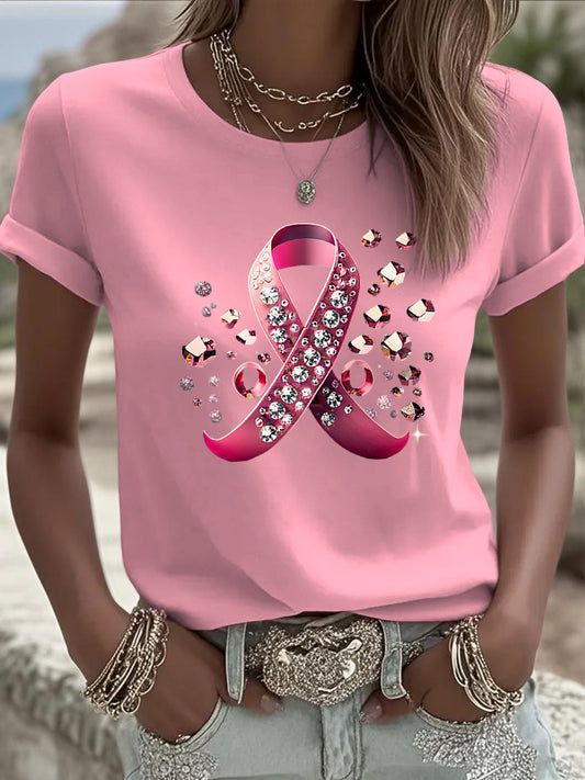 Camiseta casual con estampado de diamantes de imitación de cinta de cáncer de mama para mujer