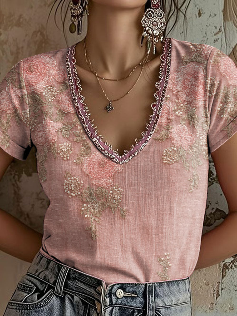 Camiseta casual con estampado floral rosa para mujer
