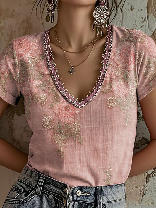 Camiseta casual con estampado floral rosa para mujer