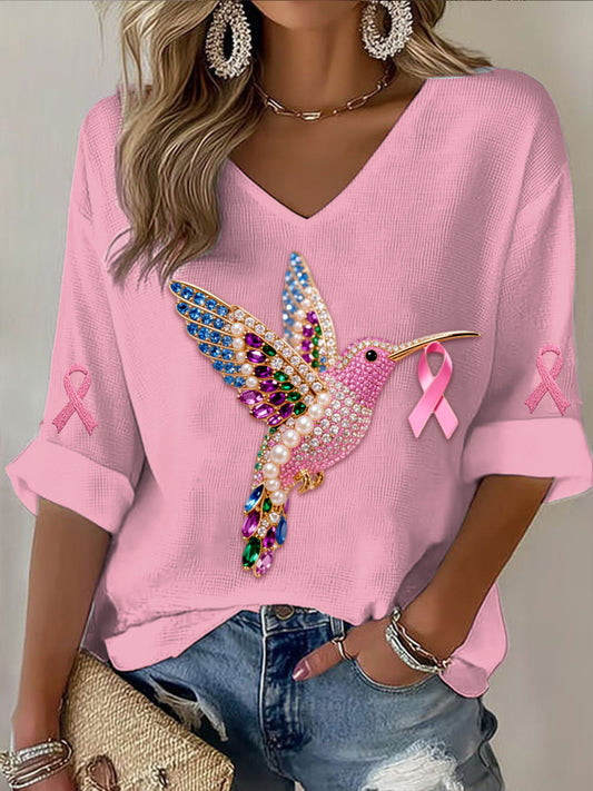 Vintage mama cáncer colibrí colorido perlas resumen impresión casual algodón manga larga camiseta