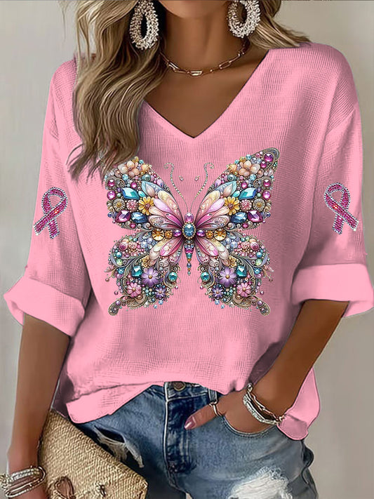La cinta de la mariposa de las mujeres Rhinestone Imprimir Casual camiseta de manga larga