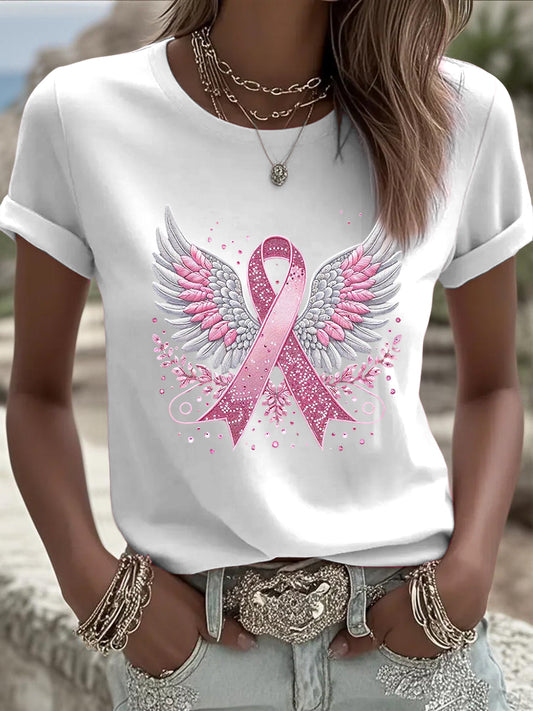 Camiseta casual con estampado de lentejuelas Alas de cinta de cáncer de mama para mujer