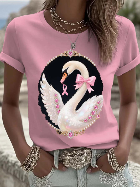 Camiseta de manga corta de algodón casual estampado de perlas de cisne de cáncer de mama vintage