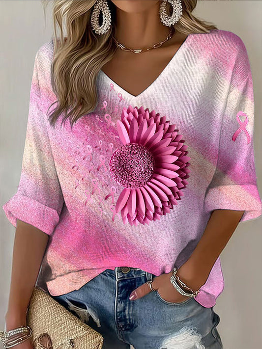 Camiseta de manga larga casual con estampado de cinta rosa para mujer