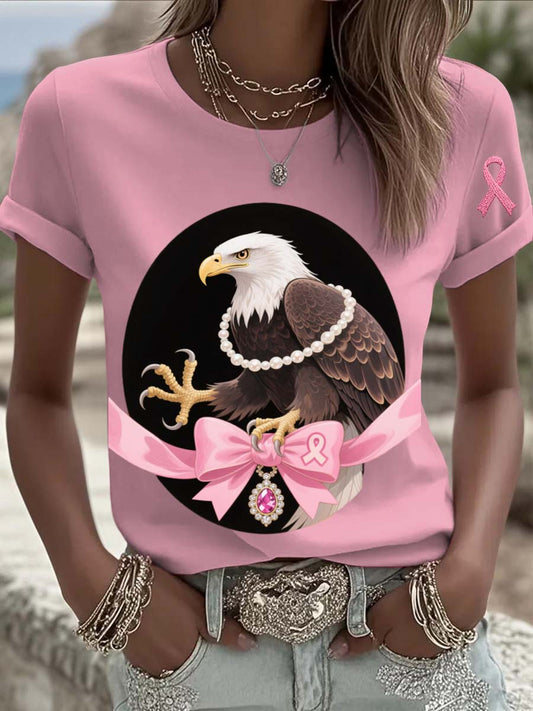Camiseta de manga corta de algodón casual con estampado de perlas águila de cáncer de mama vintage