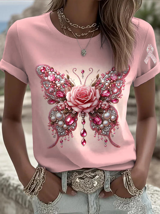 Camiseta casual con estampado de diamantes de imitación floral de mariposa para mujer