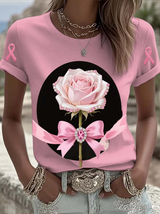 Camiseta de manga corta de algodón casual con estampado floral de perlas rosa de cáncer de mama vintage