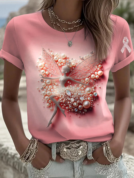 Camiseta casual impresa Rhinestone de la perla de las mujeres