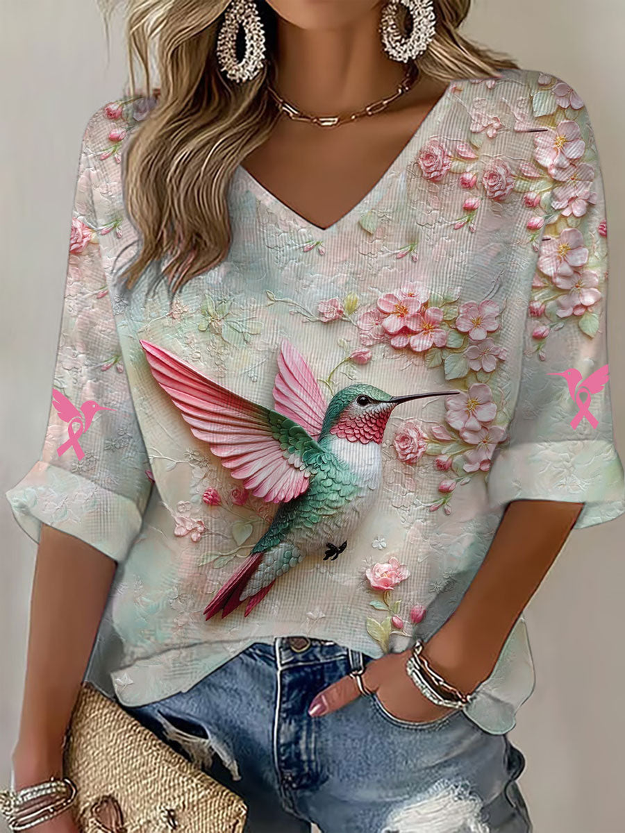 Top de manga larga floral para mujer Conciencia del cáncer de mama Colibrí