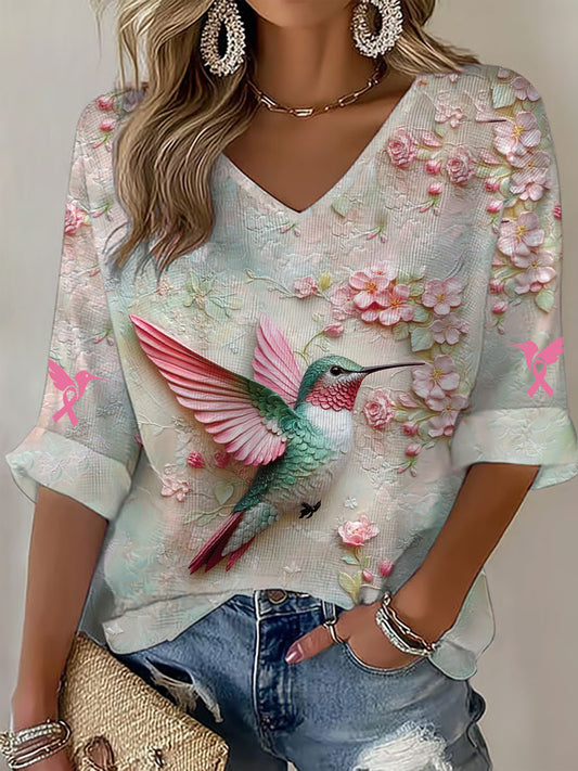 Top de manga larga floral para mujer Conciencia del cáncer de mama Colibrí
