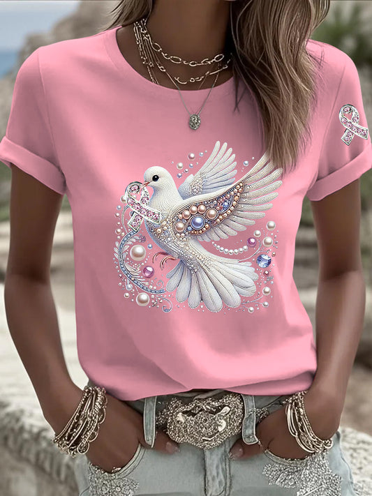 Camiseta casual con estampado de diamantes de imitación de cinta de paloma para mujer