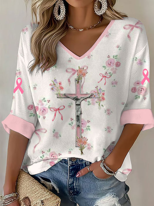 Top de manga larga para mujer Breast Cancer Awareness Cross