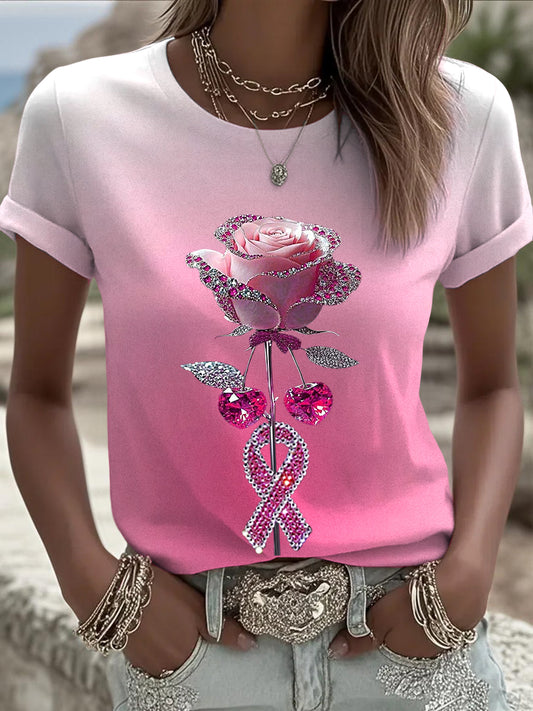 Camiseta casual con estampado de diamantes de imitación de cinta rosa para mujer