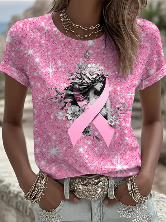 Camiseta casual con estampado de lentejuelas de diamantes de imitación de cinta de mujer