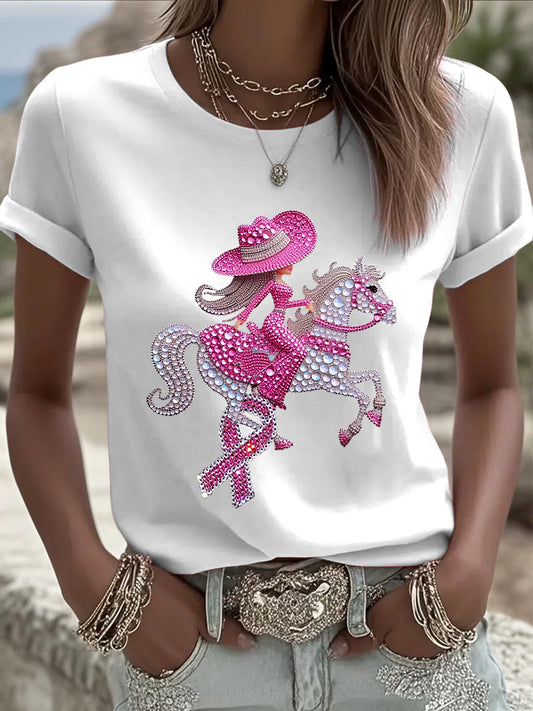 Camiseta casual con estampado de diamantes de imitación de cinta rosa de cáncer de mama para mujer