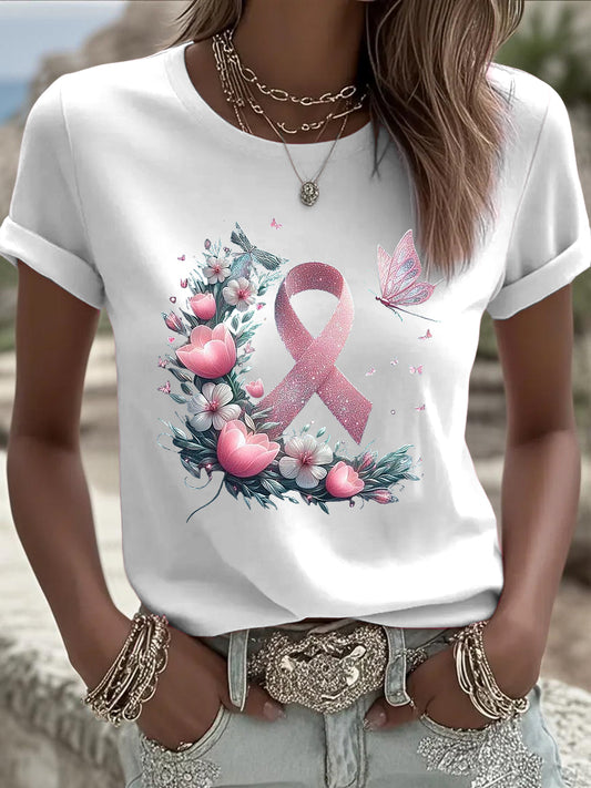 Camiseta casual con estampado floral de mariposa de cinta de cáncer de mama para mujer