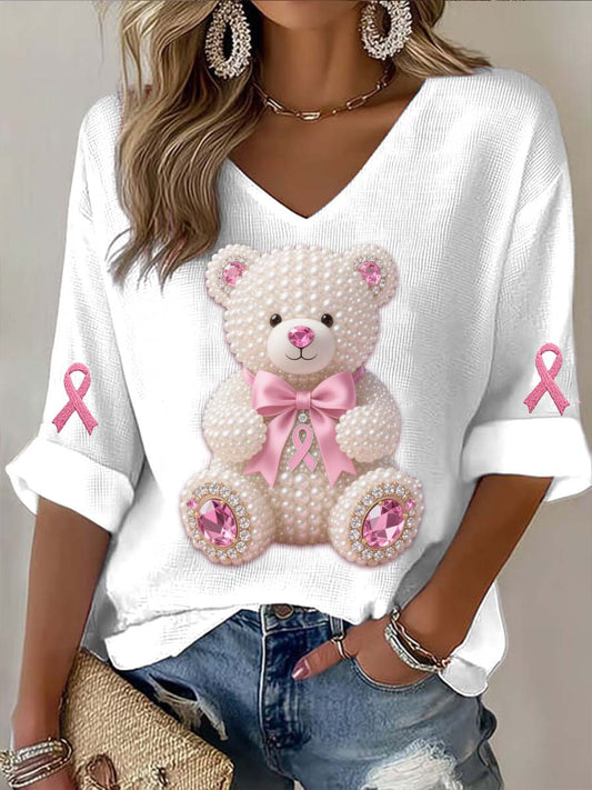 Camiseta de manga larga de algodón casual estampado abstracto de perlas de oso de cáncer de mama vintage